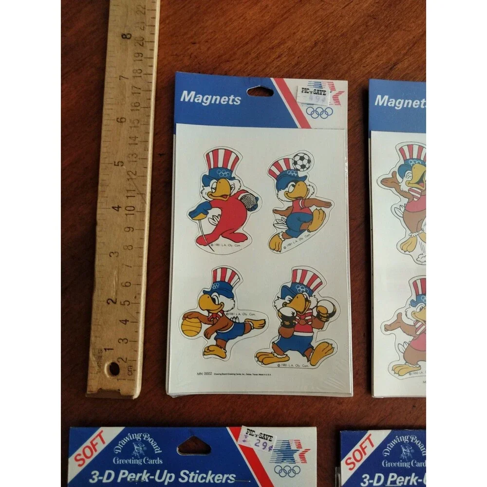Lot 1984 Olympics Magnets 3 Packs + 3 Puffy 3D Perk Up Stickers Sam The Eagle